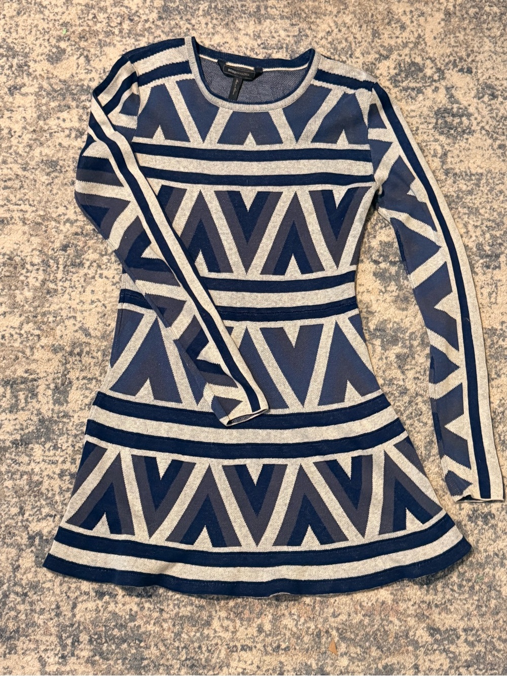 BCBGMaxAzria Navy and Silver Geometric Knit Dress Size Small